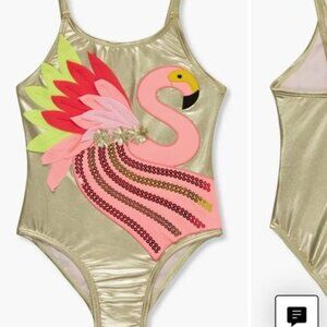 Peek Aren’t You Curious Kids Flamingo One Piece Swimsuit Gold Size 6/7